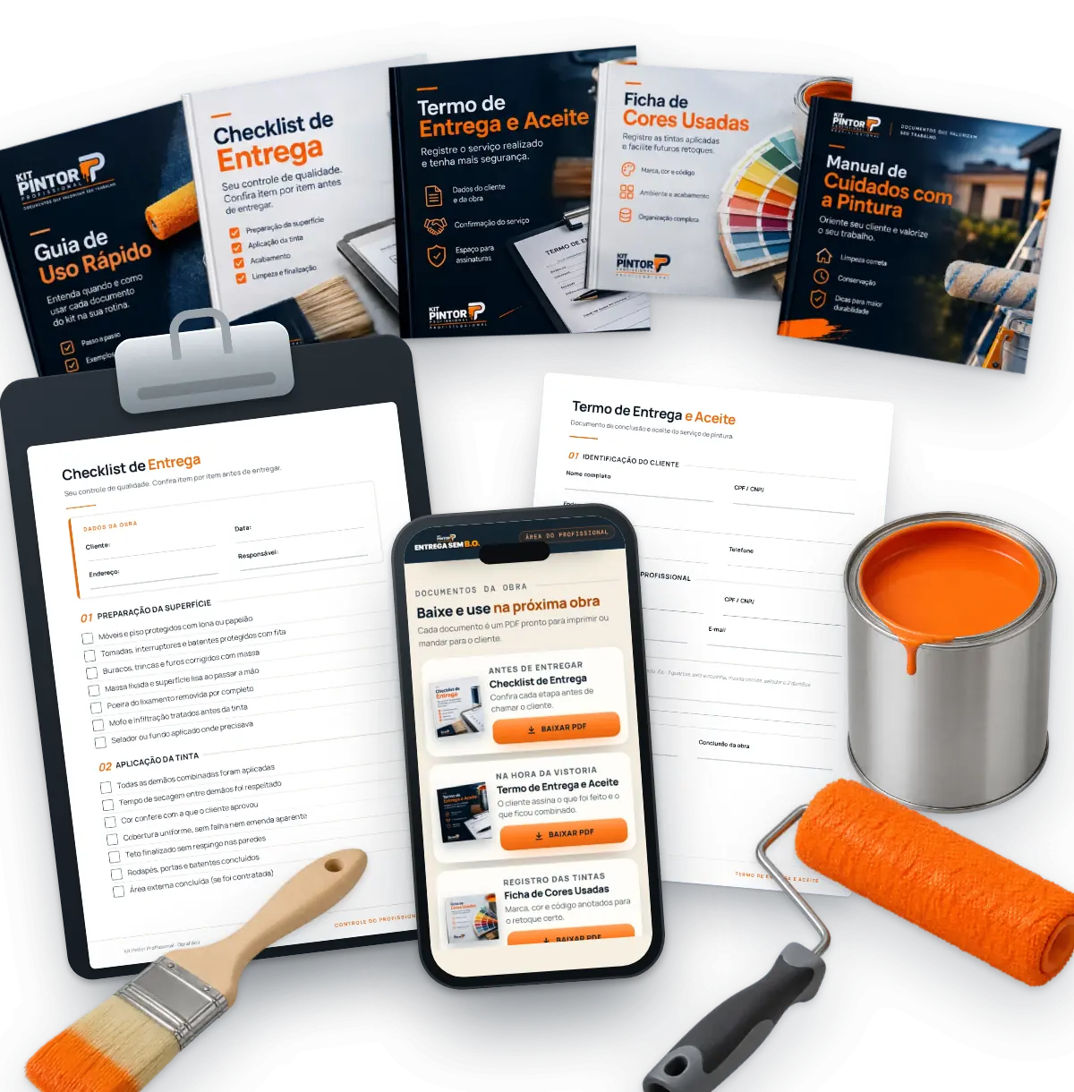 O kit Entrega Sem B.O.: as capas do Guia de Uso Rápido, do Checklist de Entrega, do Termo de Entrega e Aceite, da Ficha de Cores e do Manual de Cuidados, os documentos em pranchetas e o celular com a área de membros, junto de uma lata de tinta, um rolo e um pincel.