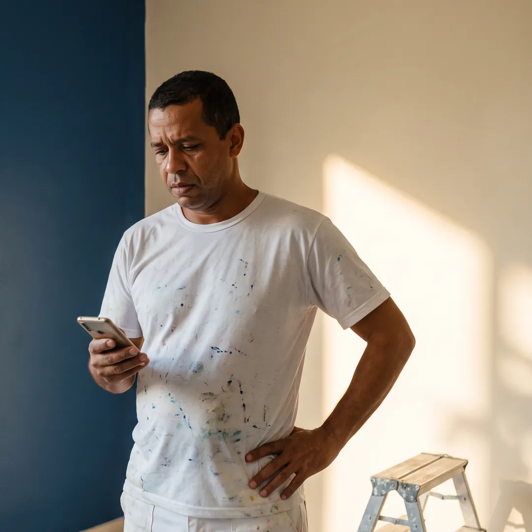 Pintor com a camiseta suja de tinta lendo no celular a mensagem do cliente